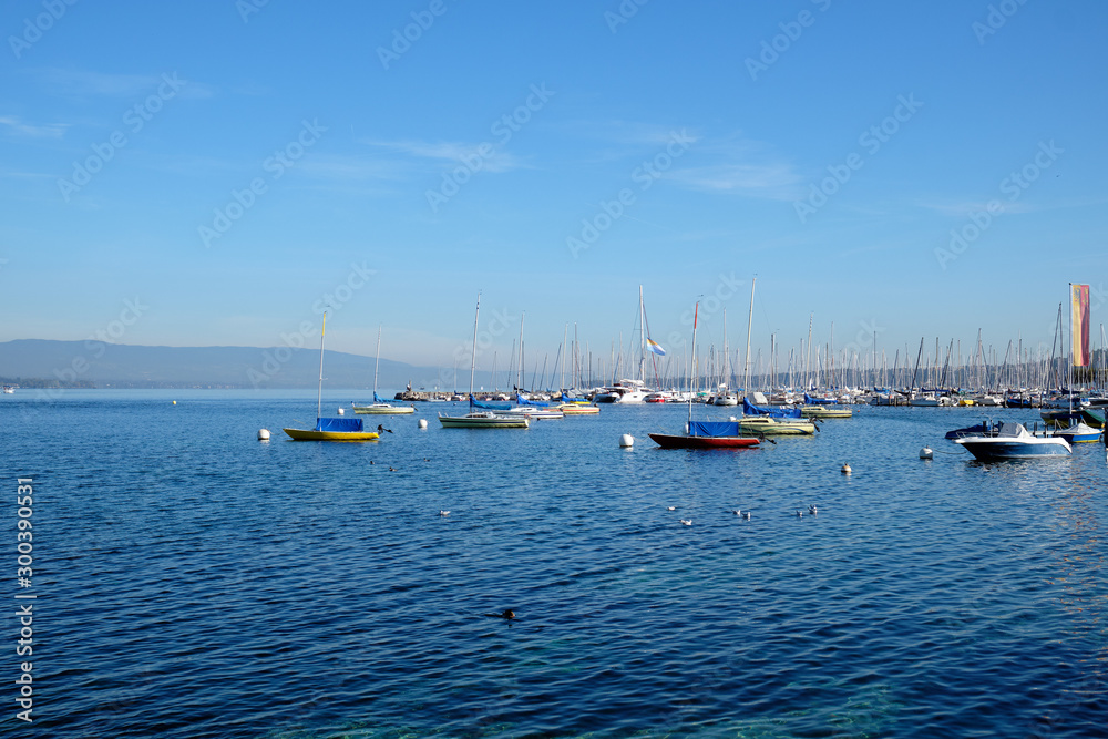 Boats off the coast on Lake Geneva. Geneva, Switzerland..