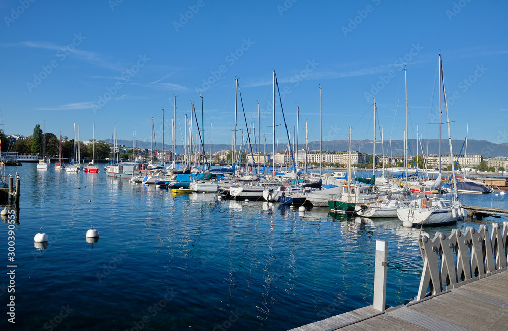Boats in the bay of Lake Geneva. Geneva, Switzerland.