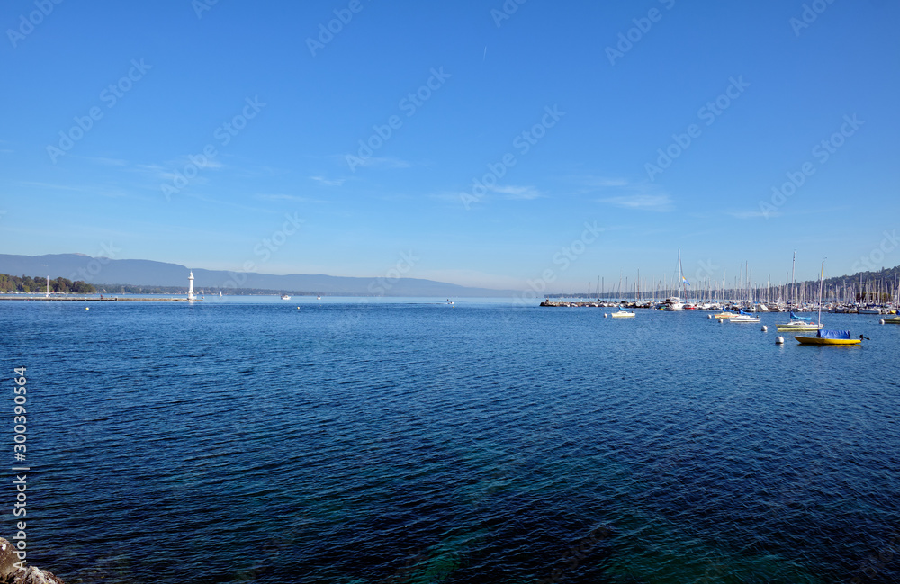 Beautiful view of Lake Geneva and boats from the city center. Switzerland. Beautiful view of Lake Geneva and boats from the city center. Switzerland.