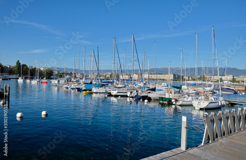 Boats in the bay of Lake Geneva. Geneva, Switzerland. © badahos