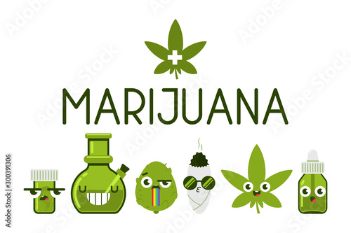 Medical marijuana funny characters vector cartoon set isolated on white background.