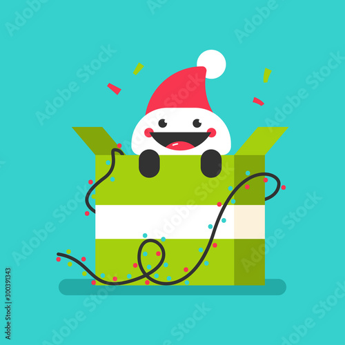 Santa hat character with gift box and garland vector cartoon illustration isolated on background. © Roi_and_Roi