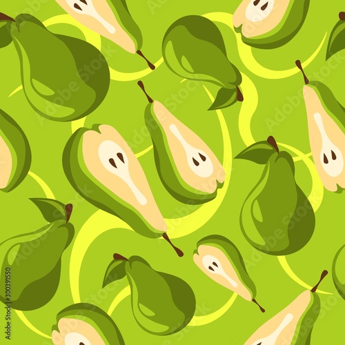 Fresh vegetarian pears and slices, cut in half, seamless pattern. Illustration of nutritious vitamin C and natural food.