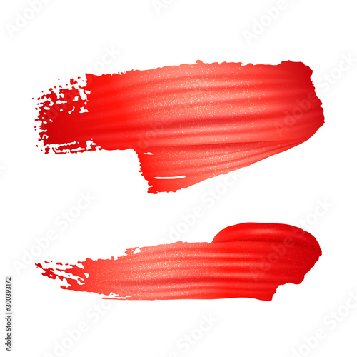 Brush stroke of red paint or lipstick set isolated on white background