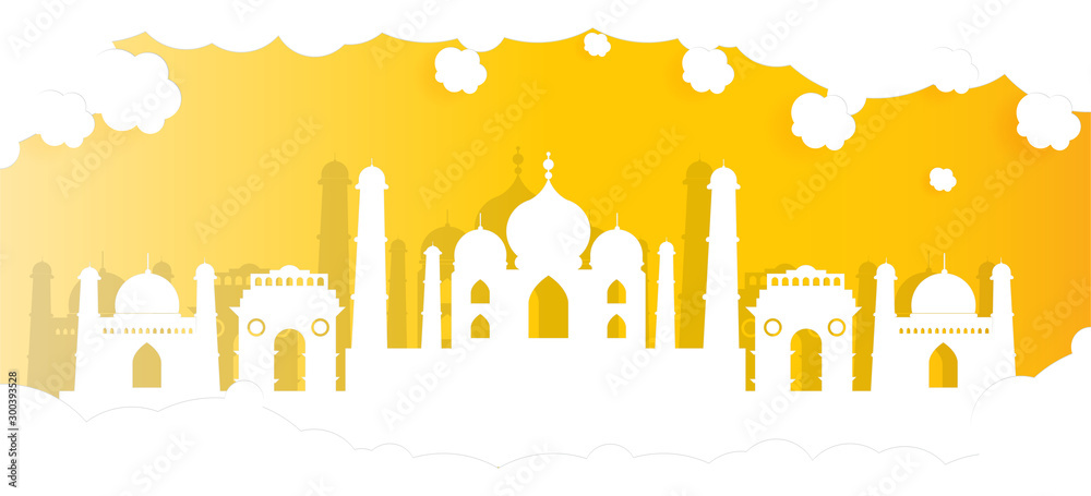 views of the city of india and taj mahal with world-famous landmarks in a paper-cut vector illustration. can be used for backgrounds, web templates, banners, landing pages.