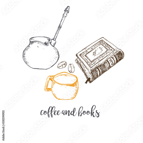 Coffee, beans, coffee maker and books vector ink pen hand drawn pattern. Sketch illustration of coffee maker, cup, coffee beans and book to read.