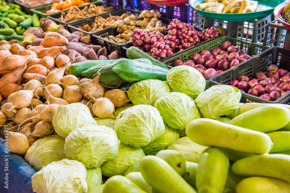Fresh vegetables at traditional asian market. Can be used as food background