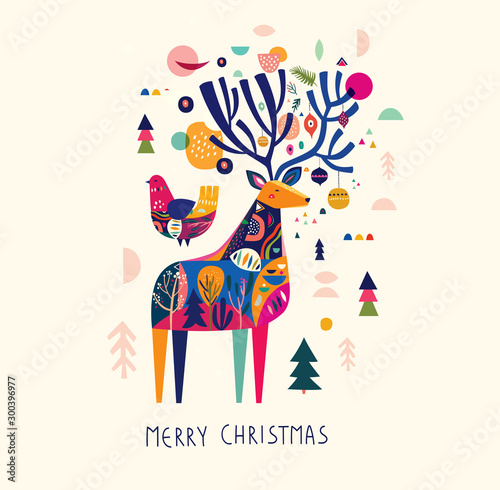 Incredible Christmas illustration with amazing colorful deer.