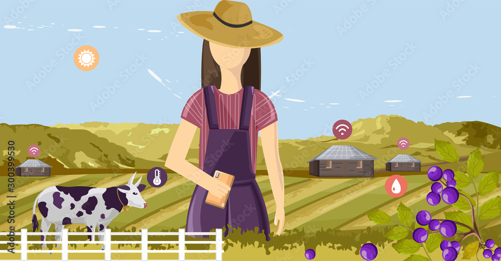 Woman controlling future farm wireless from the smart phone. Agriculture icons floating. Barn, cow and mountains on background
