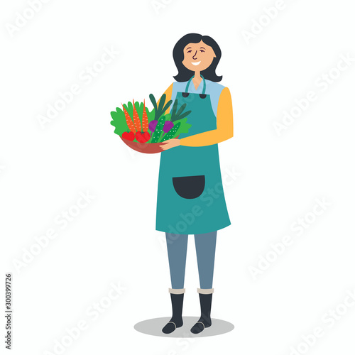 Farmer girl holding a basket of vegetables. Vegetarian harvest. Farming. Environmentally friendly products from the garden. Fresh food. Local production. Vector