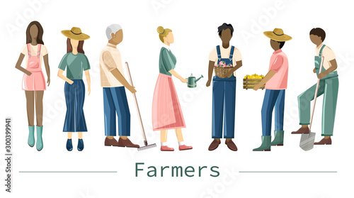 Set of farmer people with different occupations and outfit. Shovel, rake, carrying peppers. Isolated background. Agriculture idea vector