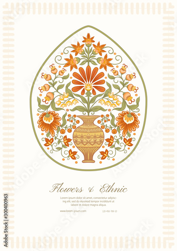 Tradition mughal motif, fantasy flowers in retro, vintage style. Template for wedding invitation, greeting card, banner, gift voucher, label. Vector illustration