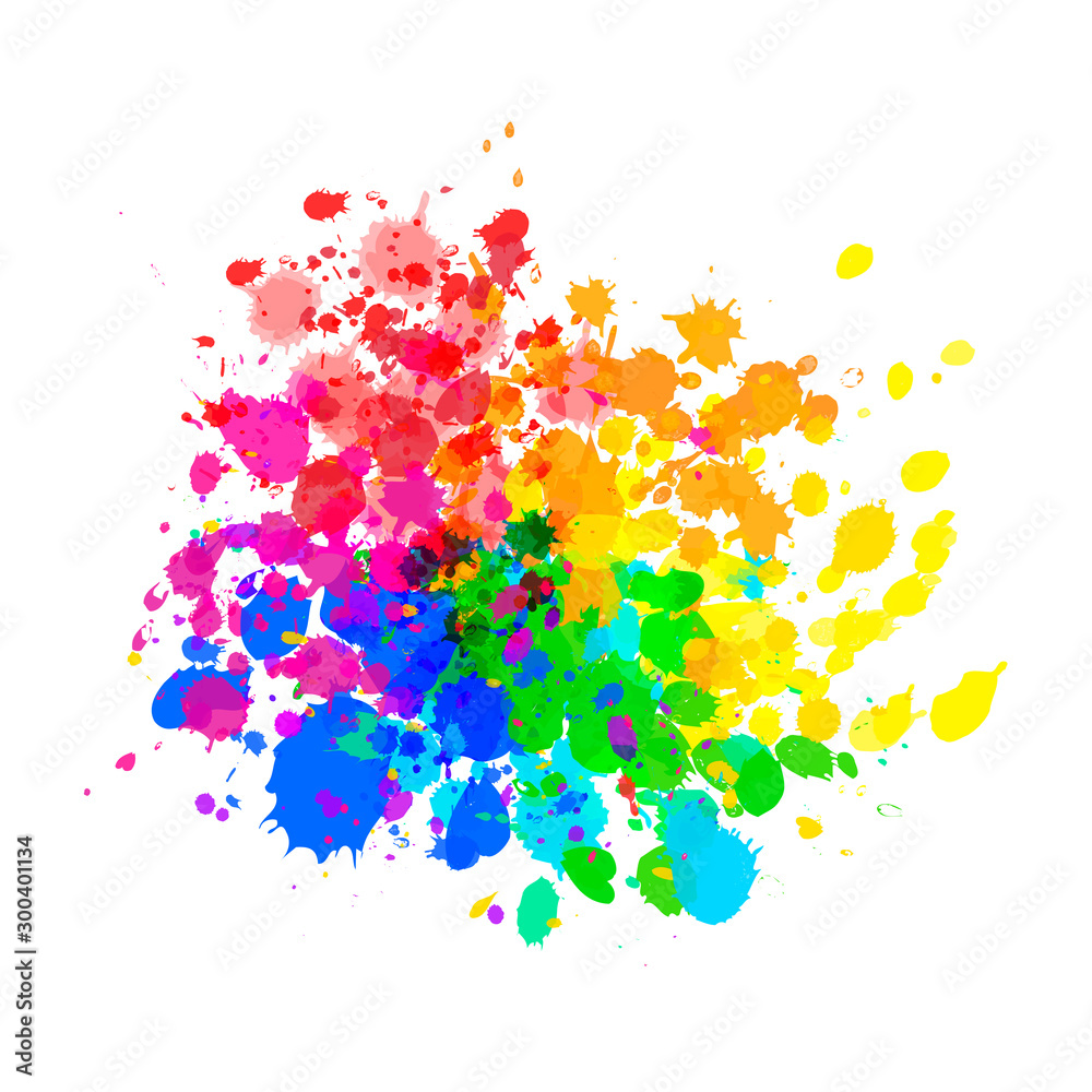 Bright colorful paint splashes of watercolor drops in rainbow colours on white