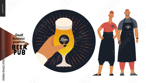 Brewery, craft beer pub -small business graphics -blog icon and pub owners -modern flat vector concept illustrations -round badge with a hand holding a glass of beer, man, woman bar owners bartenders
