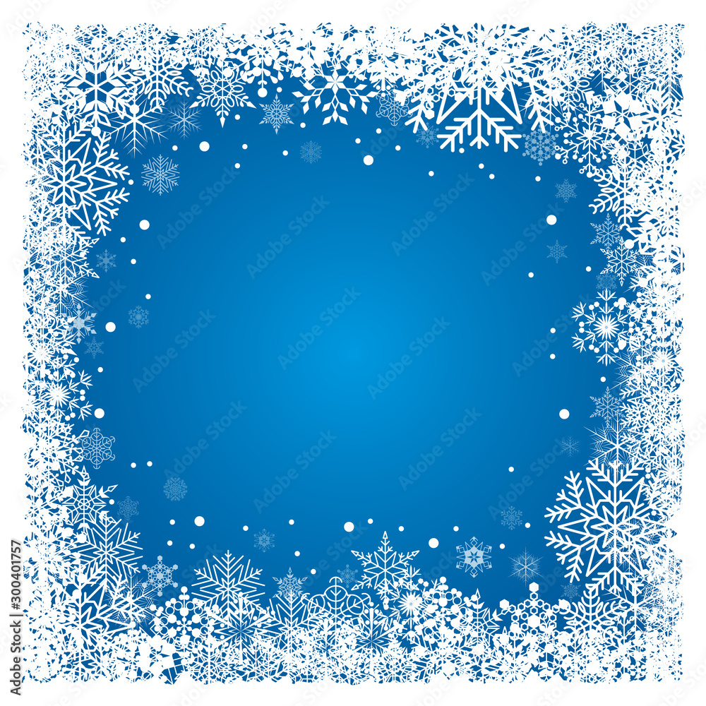 Fototapeta premium Christmas frame with white snowflakes on blue background. Vector festive background.