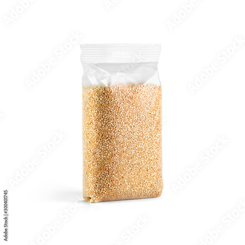 Quinoa seeds in transparent plastic bag isolated on white background. Packaging template mockup collection. Stand-up Half Side view package.