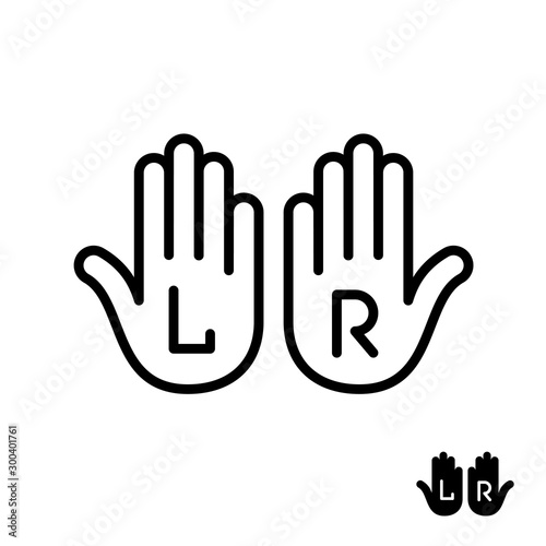 Left and right hand palms with letters L and R signs. Line style icon. Adjustable stroke width.