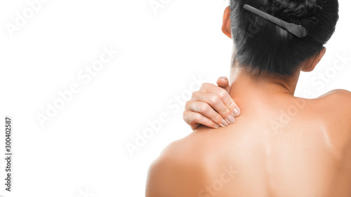 фотографія Close up woman neck and shoulder pain Health care and medical concept