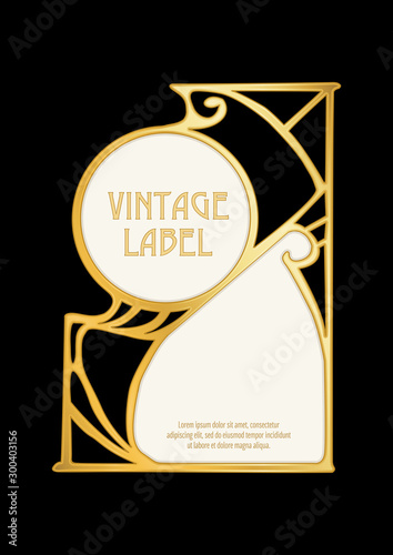 Label, decorative frame, border. Good for product label. with place for text In art nouveau style, vintage, old, retro style. In gold and black. Isolated on black background..