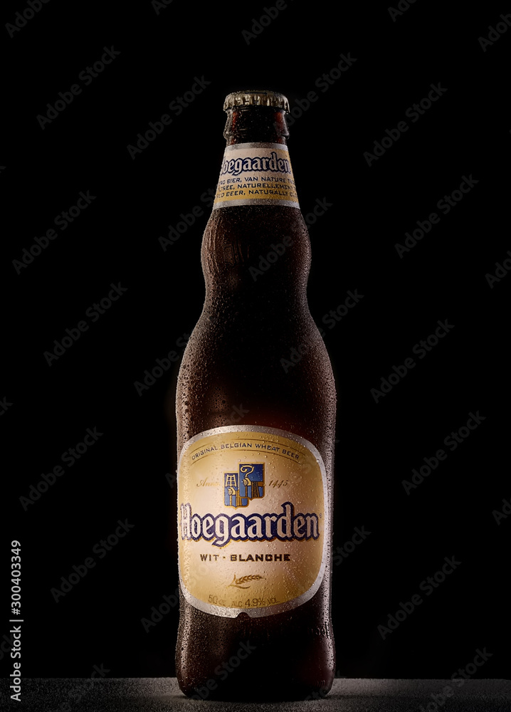 POLTAVA, UKRAINE APRIL 29, 2017Hoegaarden wheat Belgian beer cold