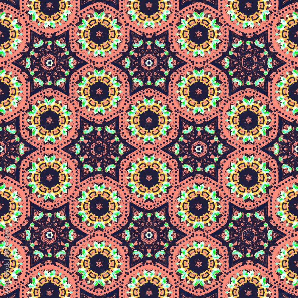Vintage style ornamental kaleidescope & fractal  seamless pattern background with triangle and hexagon shapes. Wrapping paper, wall paper, dark color tone pattern background.