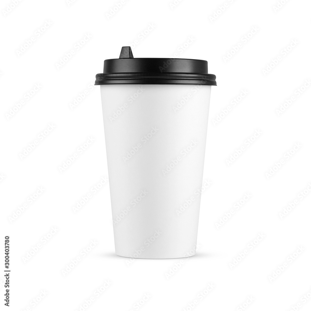 White paper coffee cup large size with black lid isolated on white background. Front view. Packaging template mockup collection. White paper coffee cup large size with black lid isolated on white background. Front view. Packaging template mockup collection.