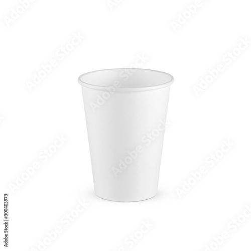 White paper coffee cup medium size isolated on white background. Front perspective view. Packaging template mockup collection.