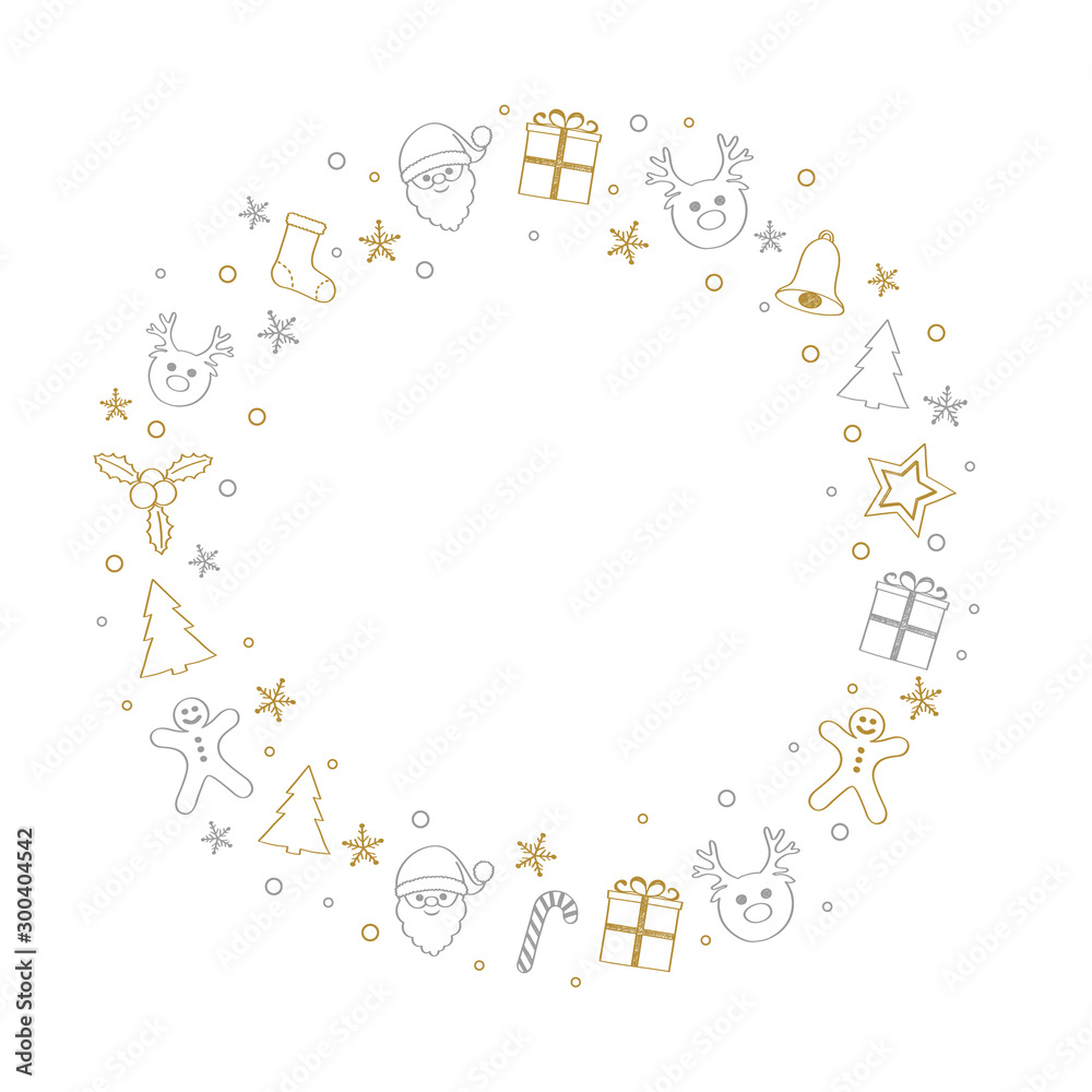 Layout of Christmas greeting card with festive ornaments. Vector.