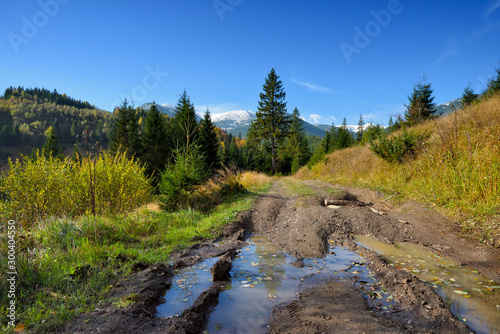 Amazing mountain landscape with autumn trees and dirt road. Autumn sunny day