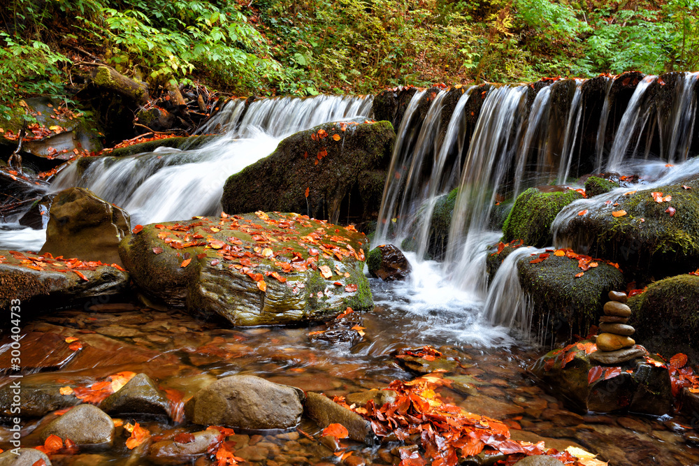 Beautiful landscape with a waterfall in the autumn forest