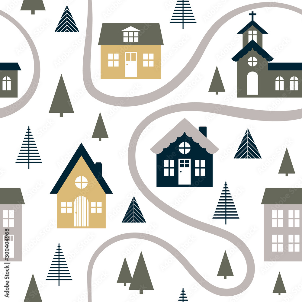 Abstract seamless pattern with cute houses, trees and road. Scandinavian style background. Vector Illustration.