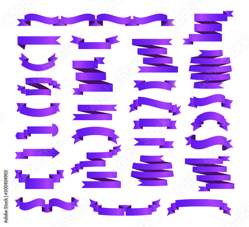 Big set of purple ribbons are shown. Colorful labels, price tags, banners for bookmark, vintage ribbon