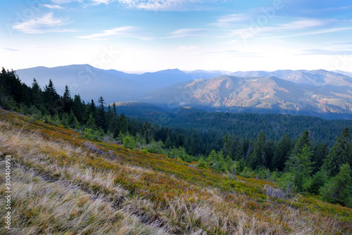 Amazing mountain landscape with colorful herbs. Evening light. Autumn landscape with mountain views. Carpathian, Ukraine, Europe