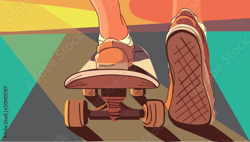 Skateboarder in the skate park. Riding a skate.  Colorful vector illustration.