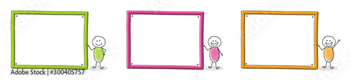 Group of funny hand drawn stickmen with empty whiteboard. Vector