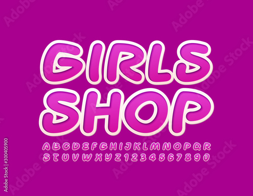 Vector bright Logotype Girls Shop. Playful Sticker style Alphabet Set. Handwritten colorlul Font.