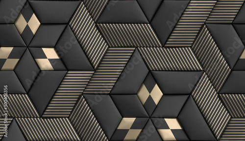Dekoracja na wymiar  3d-wallpaper-of-3d-soft-geometry-tiles-made-from-black-leather-with-golden-decor-stripes-and-rhombus-high-quality-seamless-realistic-texture