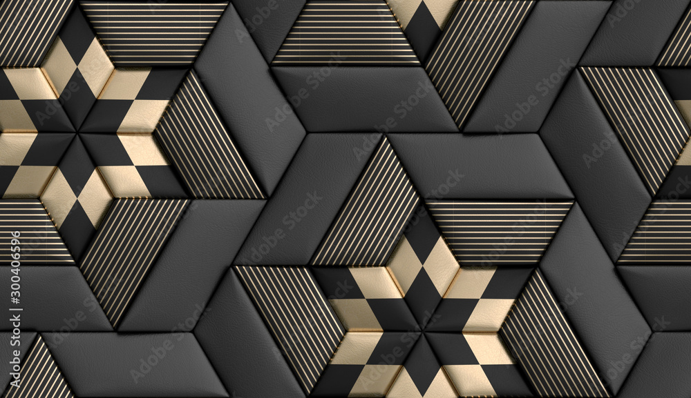 3D wallpaper of 3D tiles soft geometry form made from black leather