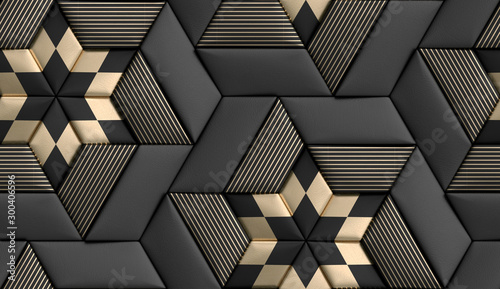 3D wallpaper of 3D tiles soft geometry form made from black leather with golden decor stripes and rhombus. High quality seamless realistic texture.