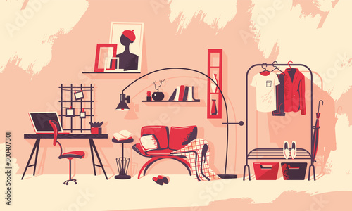 Interior of a room in scandinavian style. Modern interior with a red couch and a blanket, a workplace and an open storage system. Vector illustration in flat style.