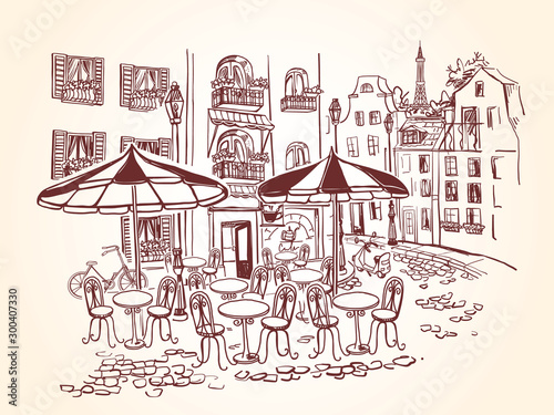Street cafe with umbrellas and tables in franch city. Bicycle at the entrance to the cafe. Vintage illustration in sketch style.