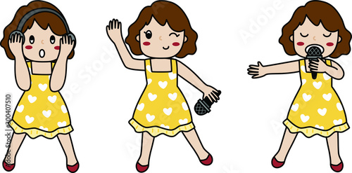 vector of acting of lady singer inner on the stage who wear shiny yellow mustard dress and dancing with microphone