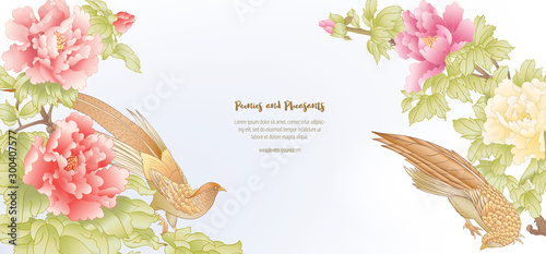 Peony tree branch with flowers with pheasants in the style of Chinese painting on silk Template for wedding invitation, greeting card, banner, gift voucher, label. Colored vector illustration..