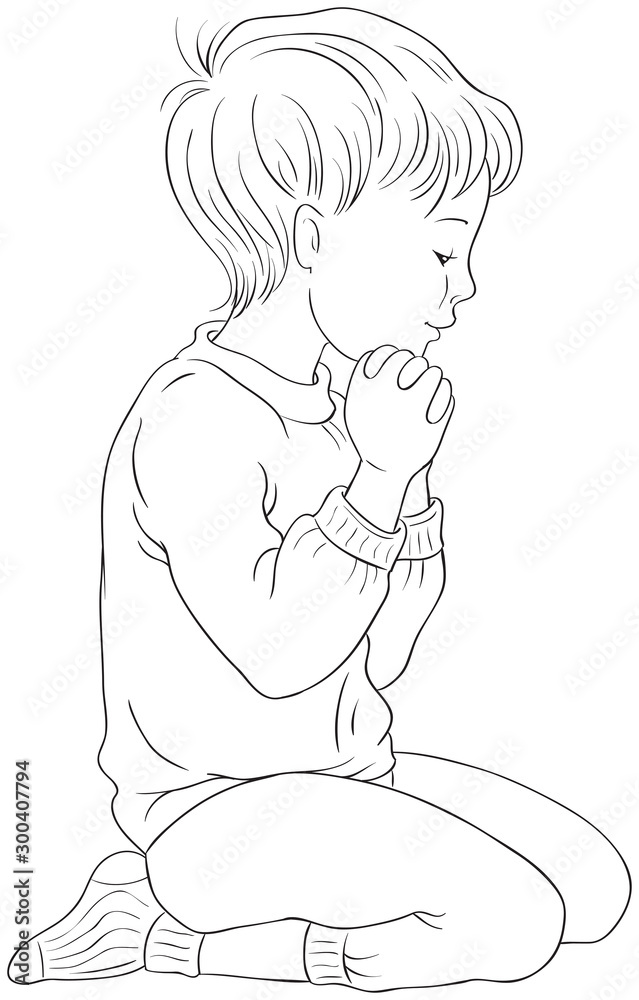 Plakat Illustration of a Little Boy Kneeling Down in Prayer with her Hands Folded Coloring Page