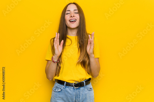 Young ginger redhead woman joyful laughing a lot. Happiness concept.