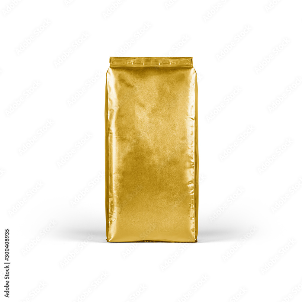 Gold Foil vacuum sealed coffee bag isolated on white background