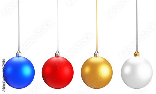 Isolated Christmas balls on white background. it has three color red, blue,silver and gold Christmas glitter balls for the holiday season, 3D render