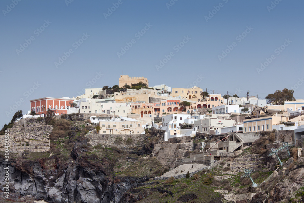 Panoramic view of Thira town on Santorini island, Cyclades, Greece