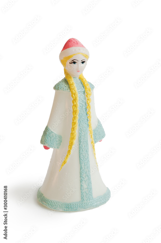 Vintage figure of Snowgirl, or Snow maiden, or Snegurochka on white background.