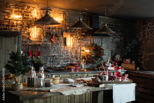 Cozy and warm kitchen with Christmas decor. Happy New Year
